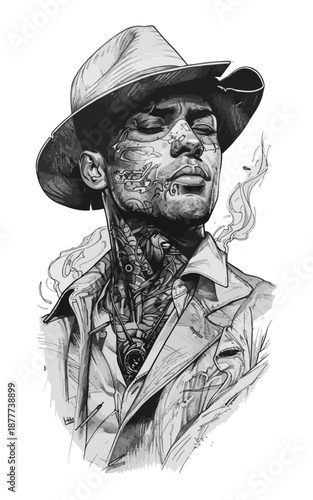 Black and white tattoo style vector portrait of a man in a wide brim hat, head tilted up, with smoke and ink splash elements, grunge watercolor shading, ideal for t-shirt print and tattoo design.