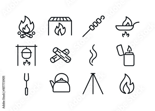 Open-Flame Cooking Icons. Open-flame cooking. Line icon set of Open-flame cooking: campfire, grill grate, skewer, cast iron pan, pot hanger, firewood, smoke
