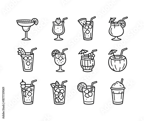Summer Cocktail Icons. Summer cocktails. Line icon set of Summer cocktails: frozen margarita, strawberry daiquiri, watermelon cooler, tropical punch, pineapple