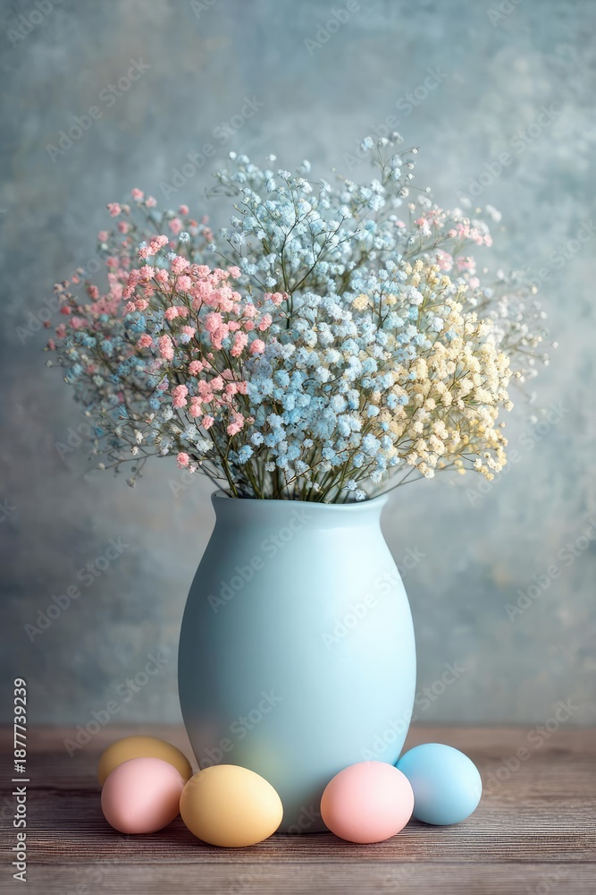Fototapeta premium Pastel bouquet of baby's breath in a pale blue vase, with pastel-colored eggs on a wooden table. Concept Pastel Floral Arrangement, Baby's Breath Bouquet, Pale Blue Vase, Pastel Easter Eggs