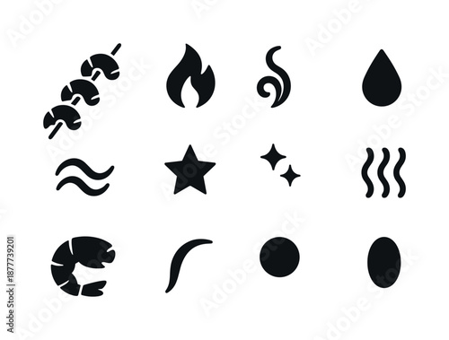 Shrimp Skewer Icons. Shrimp skewer decorative symbols. Solid icon set of shrimp skewer decorative symbols: flame rise, smoke curl, droplet, swirl line, garnish
