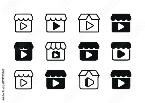 Video Marketing Logos. Video marketing for businesses and brands. Icon set. Set Logo of video marketing for businesses and brands: play button over storefront.