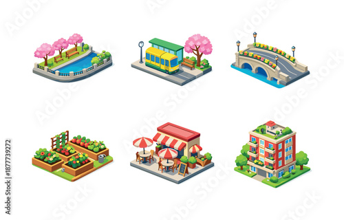 Spring Isometric Cityscape. Isometric City in Spring. Isometric flat vector icons set of Isometric City in Spring: river embankment with trees, spring tram