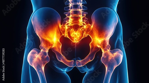 A close up of a person's hip bone with a red and orange glow. The bone is surrounded by a blue outline