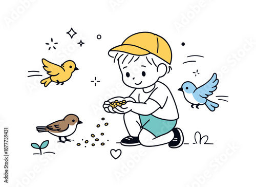 Child Feeding Birds. Child feeding birds. A small child holding seeds while birds flutter nearby, feeling of curiosity, care and learning empathy through