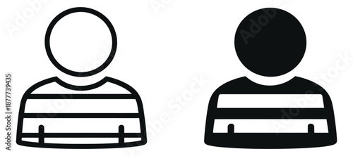 Line art and solid fill inmate icon set featuring a person in striped uniform for legal and crime concepts