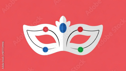 White Venetian Mask with Colorful Jewels on Red Background