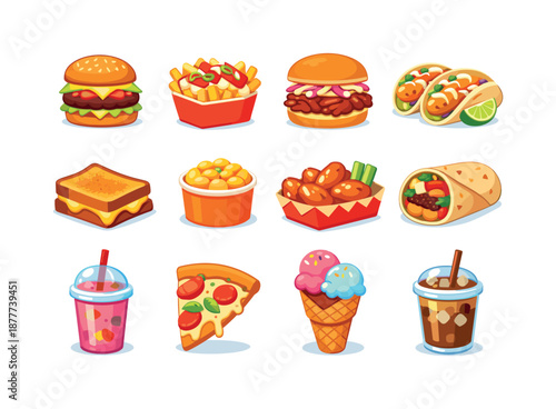 Food Truck Icons. Food Truck Favorites. Colorful flat vector icons set of Food Truck Favorites: gourmet burger, loaded fries, pulled pork sandwich, fish tacos,