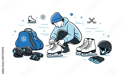 Ice Skating Essentials. Ice skating gear essentials. Skates, bag and protective pads arranged with a person tightening laces, relaxed concentration and gentle