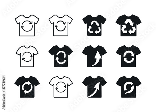 Sustainable Fashion Icons. Sustainability in fashion. Icon set. Set Logo of Sustainability in fashion: upcycled garment icon. harmonious logo variations of the