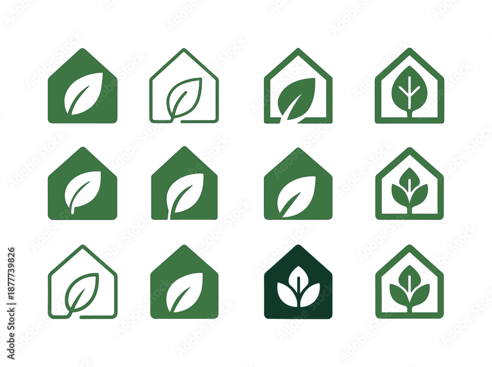 Obraz premium Energy Home Icon Set. Energy-efficient home design trends. Icon set. Set Logo of energy-efficient home design trends: sustainable home icon. harmonious logo