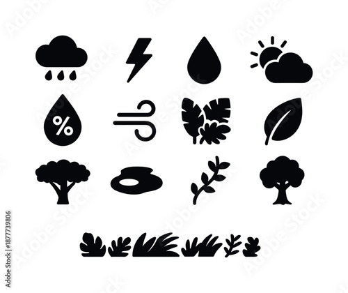 Tropical Climate Icon Set. Tropical rainforest climate. Solid icon set of tropical rainforest climate: rain cloud, lightning bolt, droplet icon, sun behind