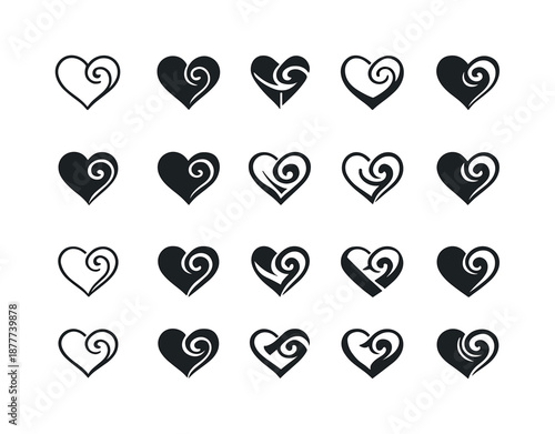 Grateful Heart Icons. grateful heart. Icon set. Set Logo of grateful heart: heart with gentle swirl accent. harmonious logo variations of the same emblematic