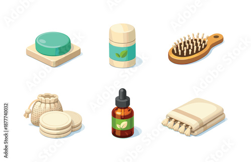 Eco Personal Care Icons. Eco personal care. Isometric flat vector icons set of eco personal care: solid shampoo bar, refillable deodorant, bamboo hairbrush,