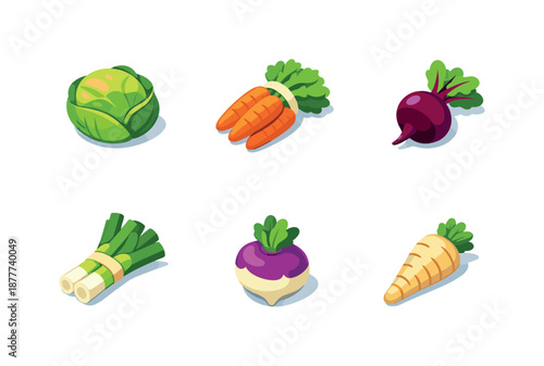Winter Vegetable Icons. Winter Vegetables. Isometric flat vector icons set of winter vegetables: cabbage head, carrot bunch, beetroot, leek stalks, turnip,