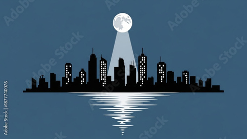 City Skyline Silhouette under Full Moon with Reflection on Water
