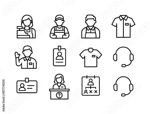 Store Icons Set. Store Employees. Line icon set of Store Employees: cashier, stocker, store manager, greeter icon, staff badge, uniform shirt, name tag, help