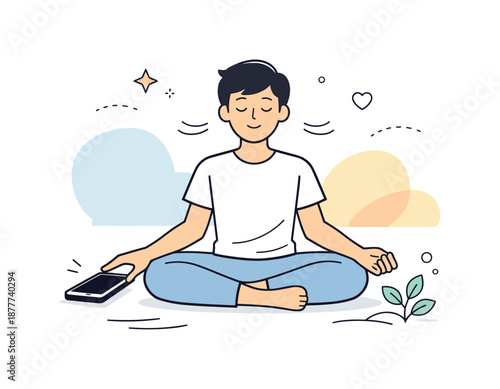 Mindful Digital Detox. Digital detox concept. A person placing a smartphone aside while focusing on breathing. Sense of calm and intentional pause, soft