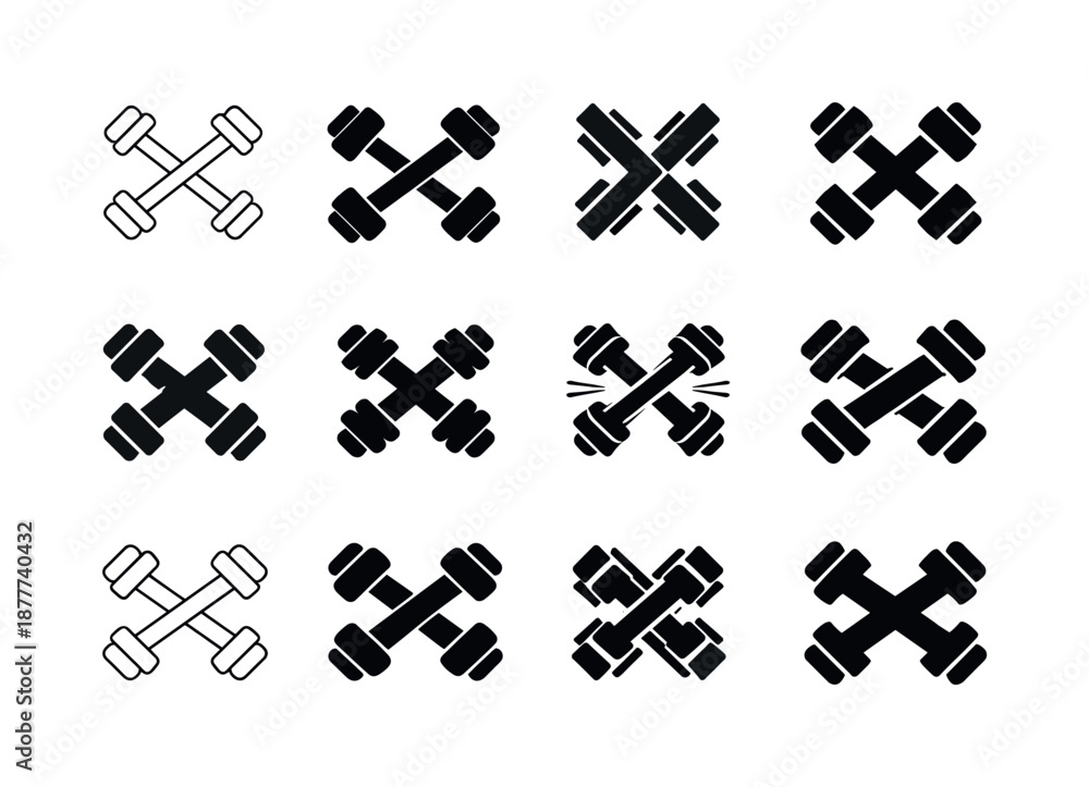 Obraz premium Cross-training Logo Variants. Cross-training. Icon set. Set Logo of cross-training: crossed dumbbells. harmonious logo variations of the same emblematic