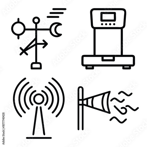 Minimalist Monochrome Line Art Icon Set Featuring Weather Vane, Fitness Treadmill Machine, Radio Transmission Tower, and Windsock Symbol Collage