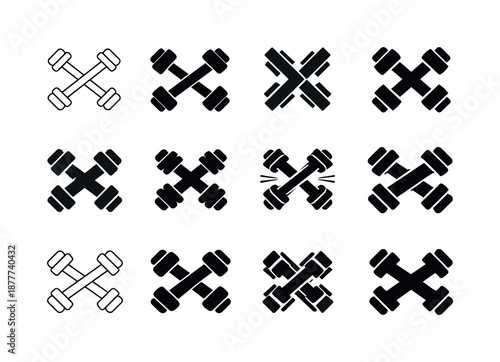 Cross-training Logo Variants. Cross-training. Icon set. Set Logo of cross-training: crossed dumbbells. harmonious logo variations of the same emblematic