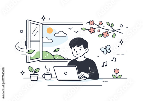 Spring Work-Life Harmony. Work-life balance in early spring. A person calmly working on a laptop near an open window with fresh air and soft spring elements