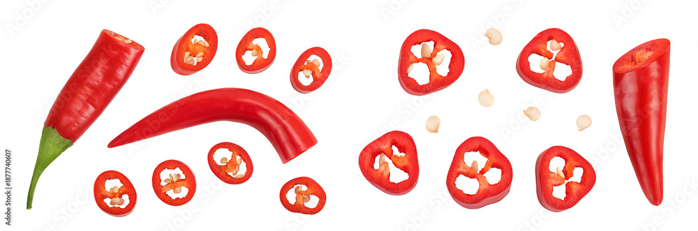 Fototapeta premium red hot chili pepper with slices isolated on white background. Top view. Flat lay.