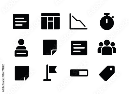 Agile Board Icons. Agile board. Solid icon set of agile board: backlog card, sprint board, burndown chart, timer, user story icon, sticky note, task card, team