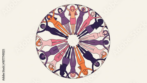 Diverse People Forming Circle around White Center in Vibrant Colors, Symbolizing Unity and Diversity