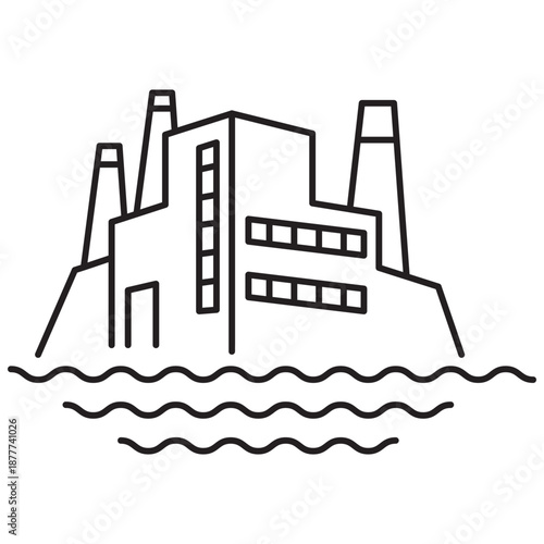 Flooded industrial estates.Climate change disaster.Rising sea levels. Gloomy weather.Environmental damage, pollution.Building outline.