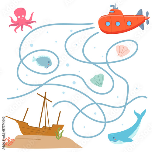The drowned ship.Ship underwater game.Submarine a maze.Educational game for children.Underwater quest.Exit from the maze.Help the submarine.