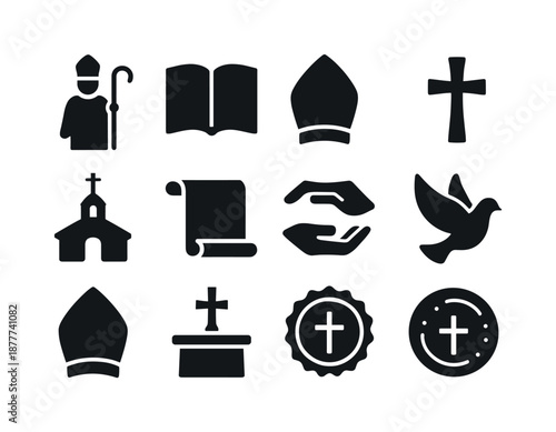 Religious Icons Grid. Religious leadership. Solid icon set of religious leadership: robe figure, staff, book, pope hat, bishop cross, church