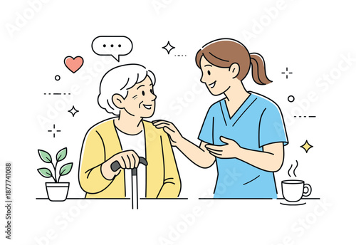 Gentle Elderly Support. Elderly care. Caregiver gently assisting an older person while talking calmly. Warm support and respectful attention in a