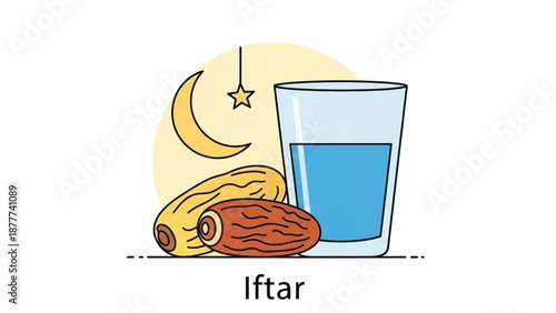 Iftar with Dates and Water Glass during Ramadan, Crescent Moon and Star, Fasting Break