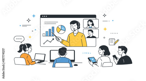 Online Presentation Scene. Video conference presentation. Speaker presenting charts on a shared screen while participants listen from different devices,