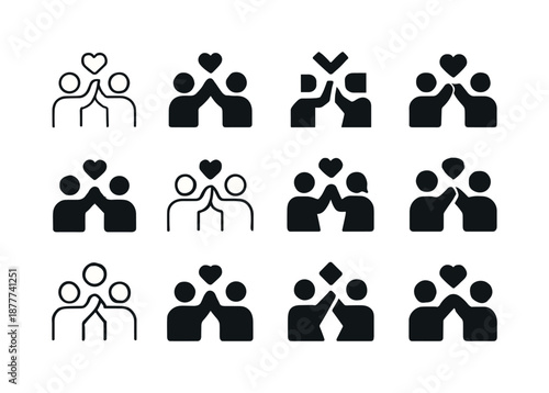 Romantic Harmony Icons. Positive reinforcement in romantic relationships. Icon set. Set Logo of Positive reinforcement in romantic relationships: couple