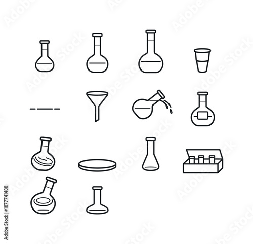 Volumetric Flask Icons. Complete Volumetric Flask Essentials. Line icon set of Complete Volumetric Flask Essentials: mL flask, mL flask, mL flask, stopper,