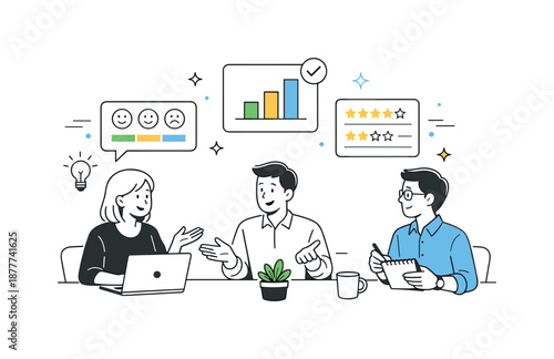 Team Feedback Discussion. Employee feedback team review. Small team discussing shared feedback results shown as simple charts or cards. Transparency and