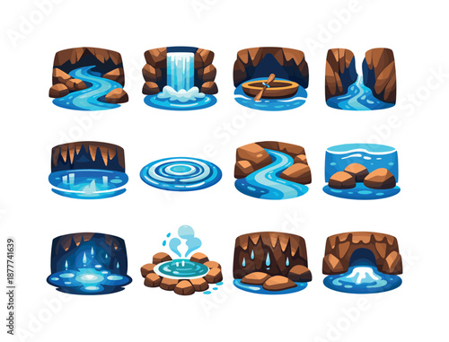 Underground River Icons. Underground rivers. Colorful flat vector icons set of underground rivers: flowing water path, subterranean waterfall, cave boat icon,