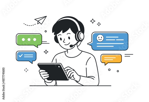 Friendly Digital Interaction. Customer service online chat. Support specialist typing responses on a tablet with chat bubbles floating nearby. Fast digital
