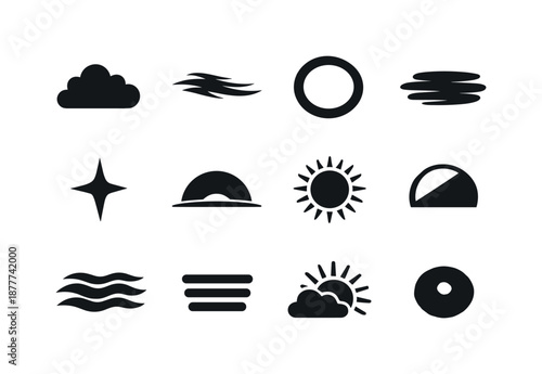 Sunrise to Sunset Icons. Sunrise and sunset. Solid icon set of atmospheric elements: soft cloud, cirrus cloud, glowing halo, mist layer, evening star, twilight