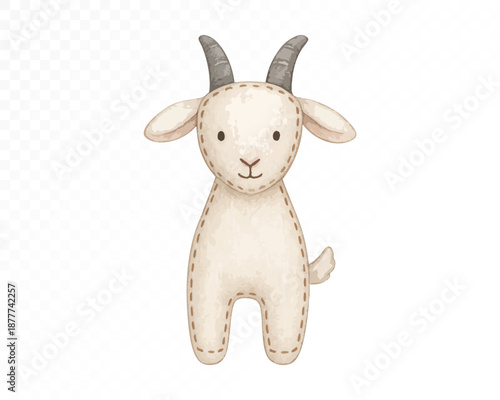 Watercolor cute goat character with stitched fabric style and soft neutral tones, hand painted farm animal illustration for kids decor, nursery art and charming playful designs. Vector illustration.