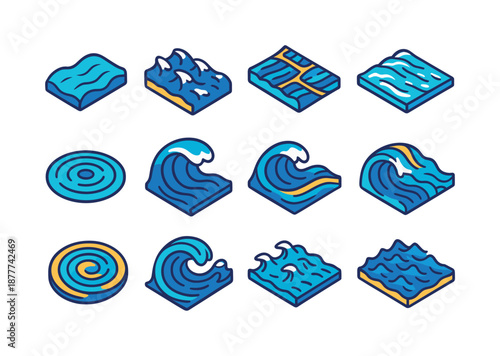 Colorful Wave Patterns. Wave patterns. Colorful isometric vector icons set of wave patterns: smooth swell, choppy waves, cross-sea pattern, foam streak, ripple