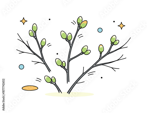 Spring Buds Emergence. Bare Trees with First Buds. Close-up branches with rounded buds gently highlighted, floating in a clean composition. Soft hopeful mood
