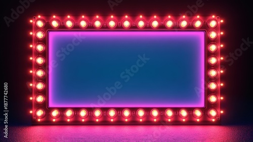 A large, red, neon sign with a blue background. The sign is lit up and he is a movie theater marquee