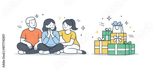 Festive Gift Wrapping. Wrapping presents together finished gifts. Group admiring neatly wrapped presents stacked nearby. Sense of completion, care and festive