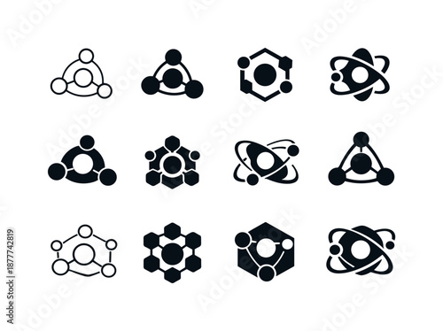 Carbon Logo Variations. Carbon. Icon set. Set Logo of carbon: carbon atom model. harmonious logo variations of the same emblematic concept, each with different
