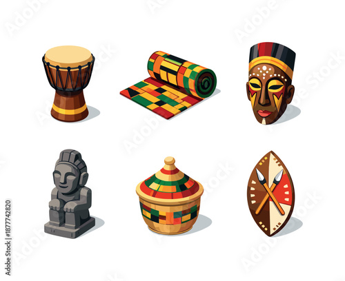 African Heritage Icons. African heritage. Isometric flat vector icons set of African heritage: traditional drum, kente pattern fabric roll, ceremonial mask,