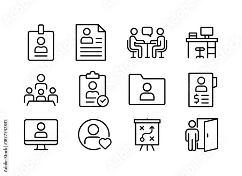 Human Resources Icons. Human resources. Line icon set of Human resources: employee badge, resume document, job interview, office desk, team meeting,