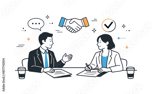 Confident Business Dialogue. Formal business negotiation. Two professionals discussing terms across a table with simple documents. Calm confident interaction